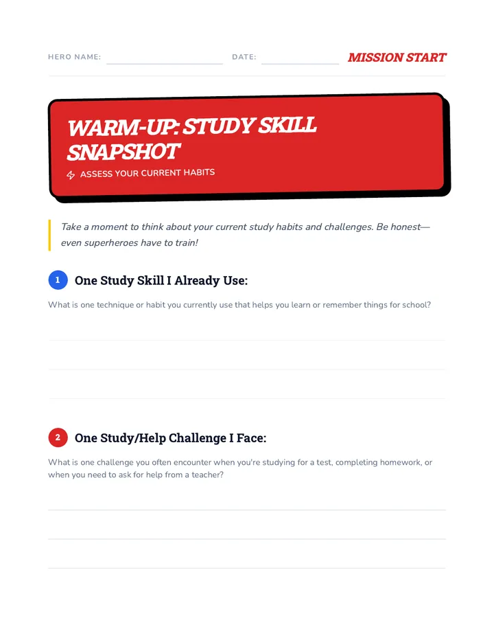 Warm-Up Study Skill Snapshot Worksheet