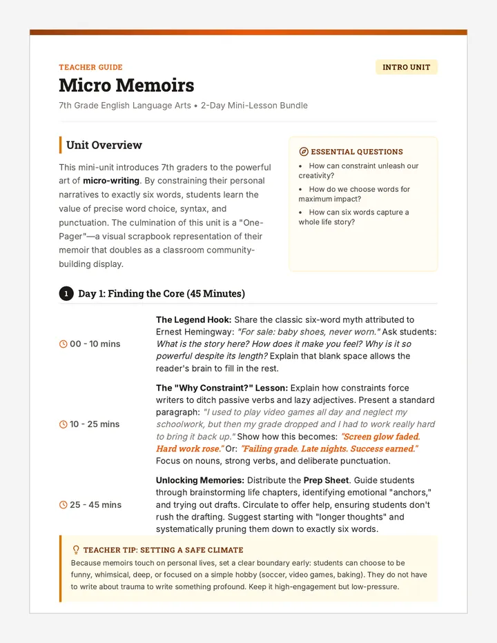 Micro Memoirs Teacher Guide