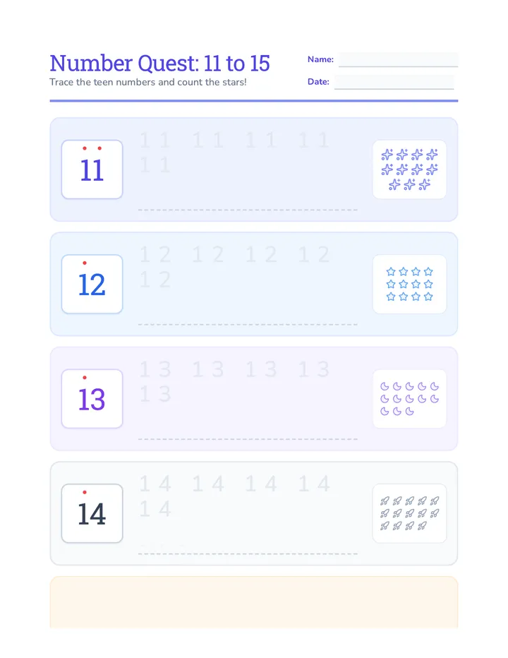 Number Trace 11 to 15 Worksheet