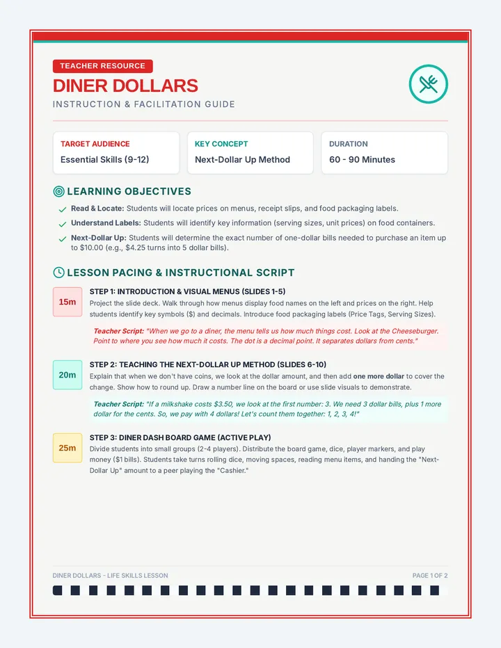 Diner Dollars Teacher Guide