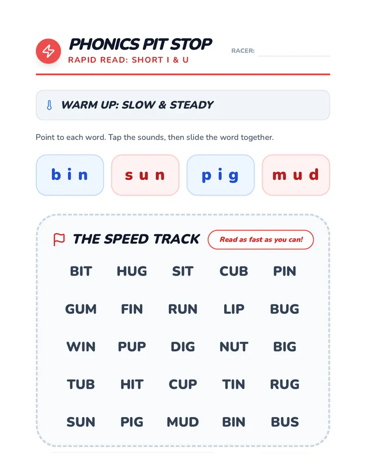 Pit Stop Fluency Worksheet