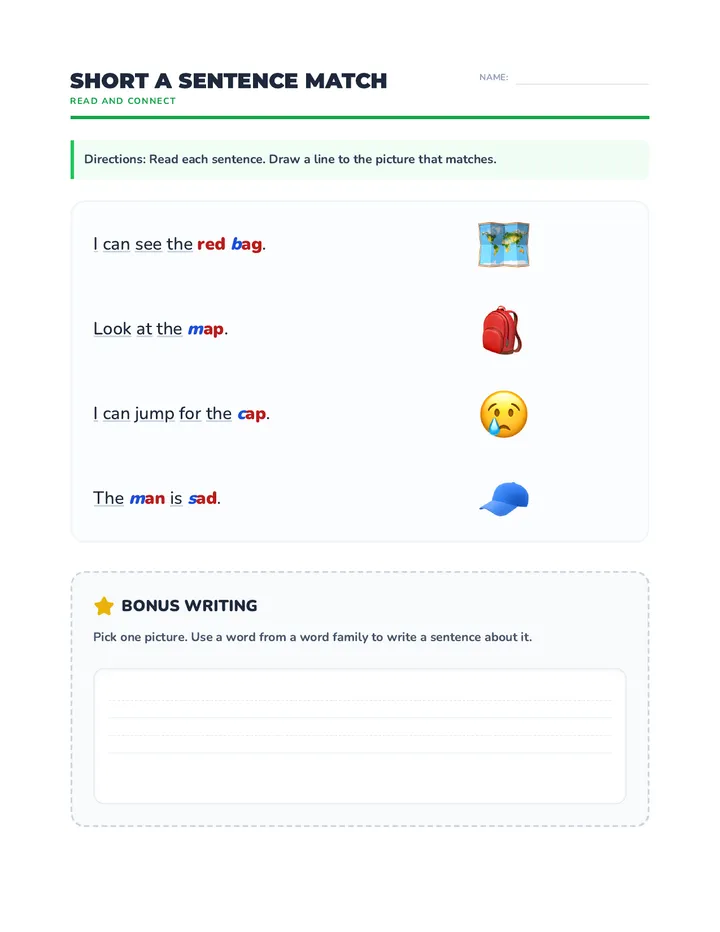 Short a Sentence Match Worksheet