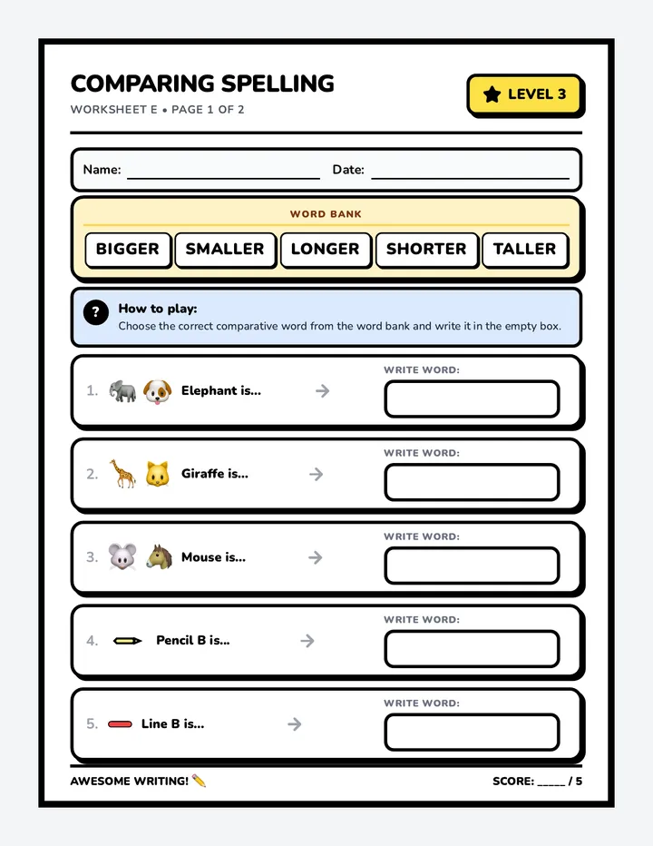 Comparative Spelling Worksheet
