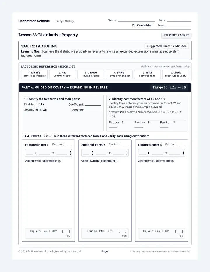 Distributive Property Tasks Worksheet