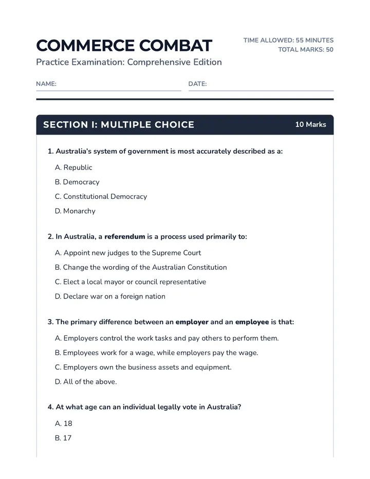 Commerce Combat Practice Test Document