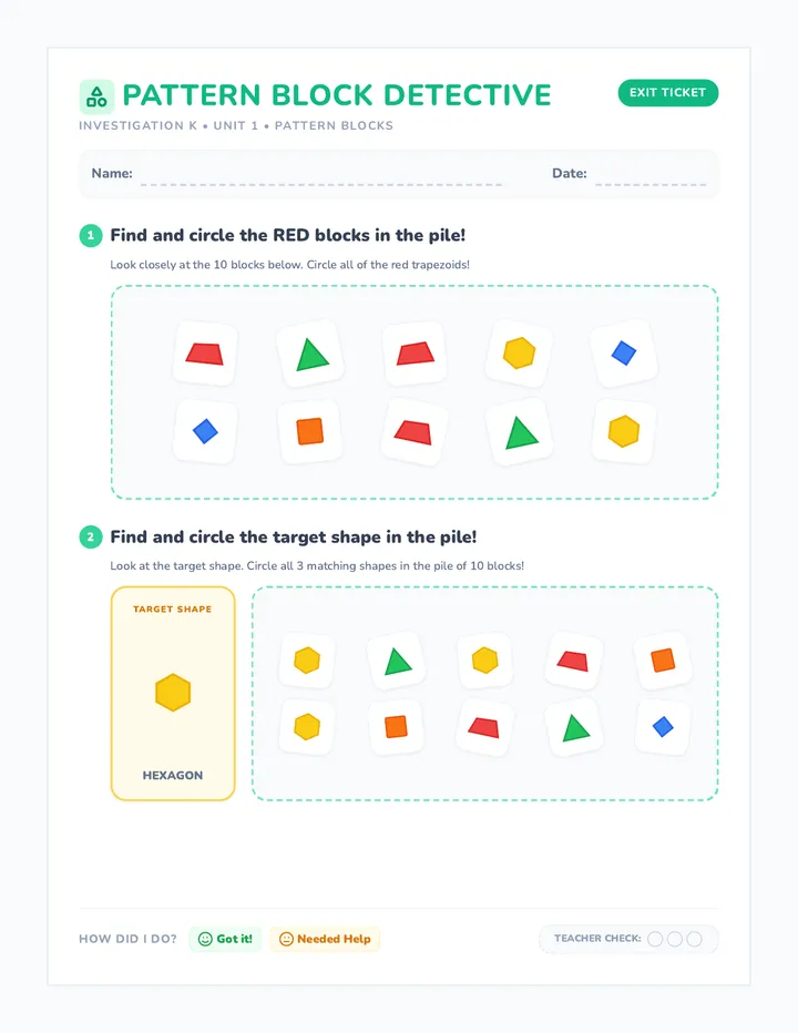Pattern Block Sorting Exit Ticket