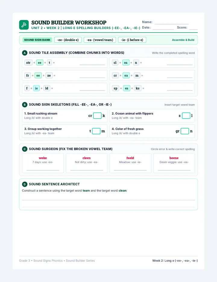 Green Street Sound Builder Worksheet