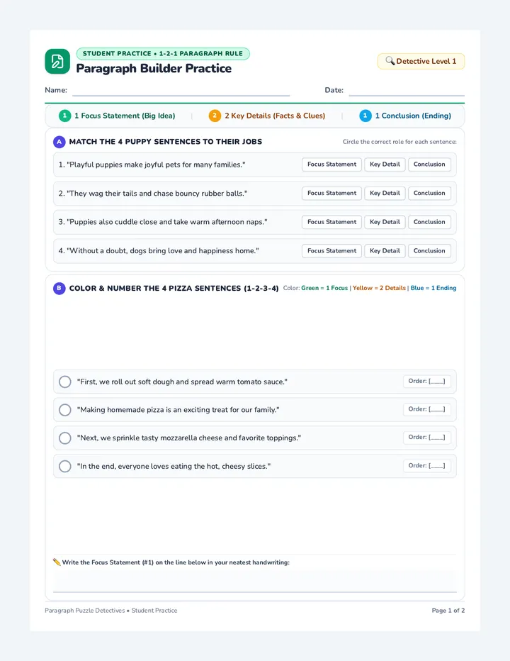 Paragraph Builder Practice Worksheet