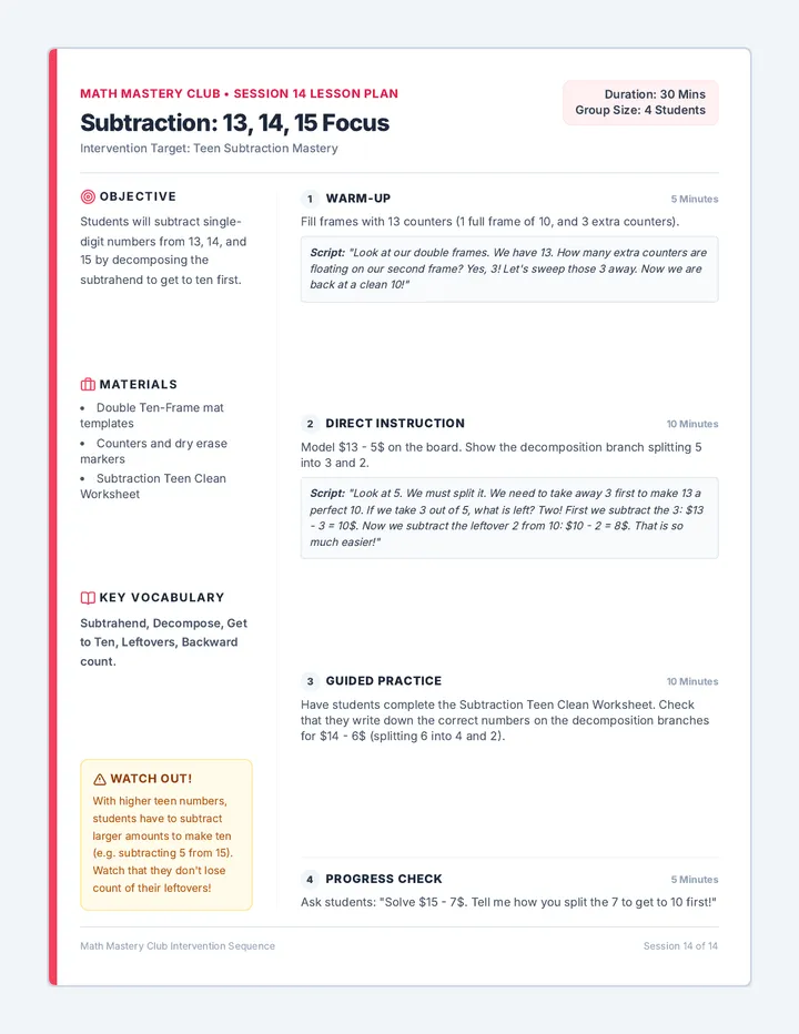 Subtraction Teen Clean Plan