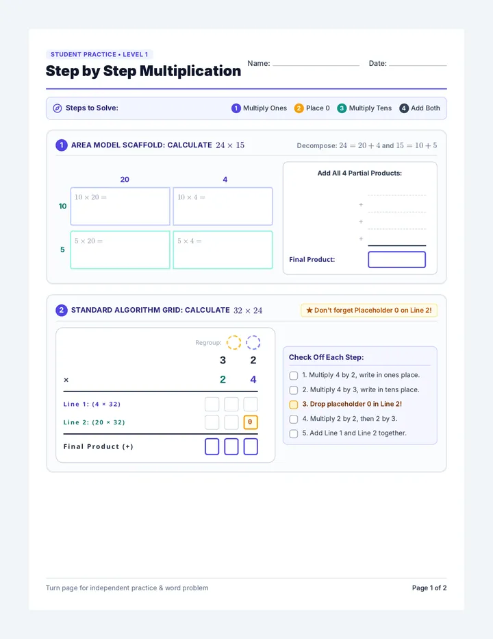 Step by Step Multiplication Worksheet