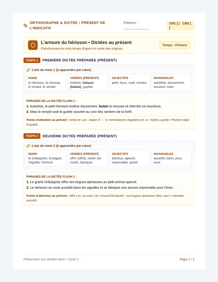 Herisson Dictee Fiche Eleve
