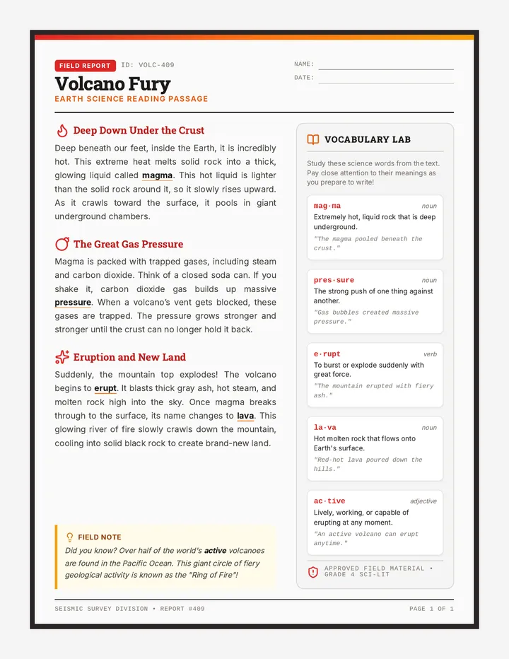 Volcano Fury Reading Passage