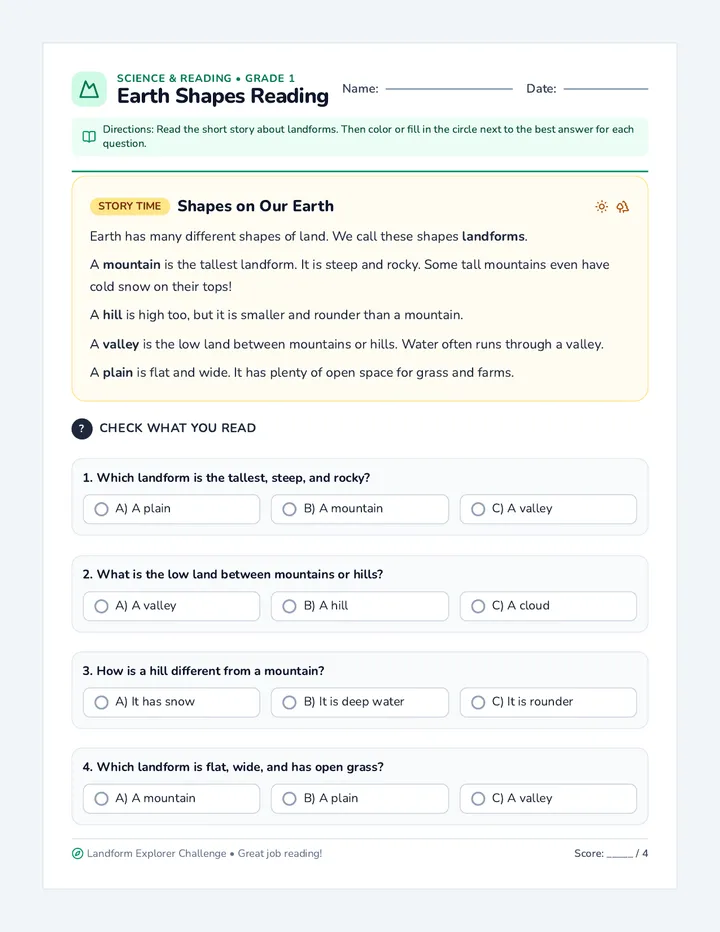 Earth Shapes Reading Worksheet
