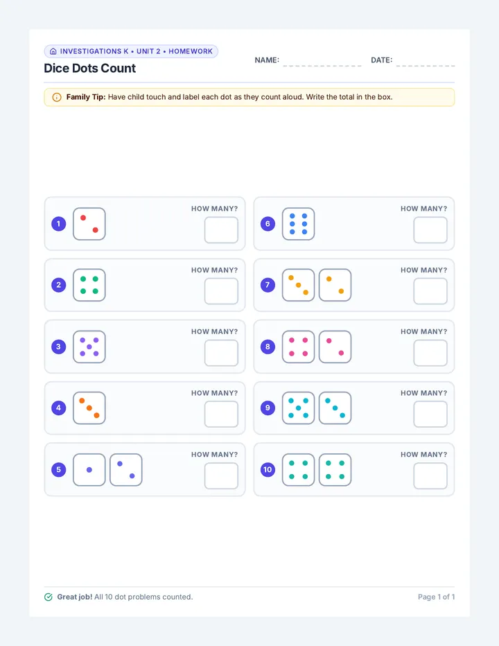 Dice Dots Homework Worksheet