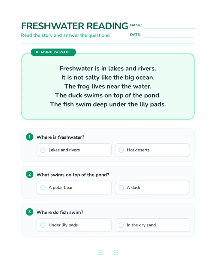 Freshwater Reading Worksheet
