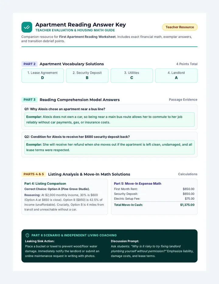 Apartment Reading Answer Key