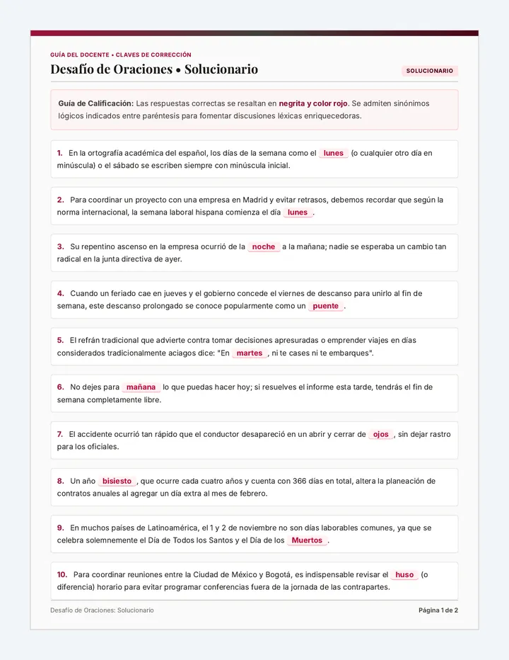 Desafío de Oraciones Solucionario