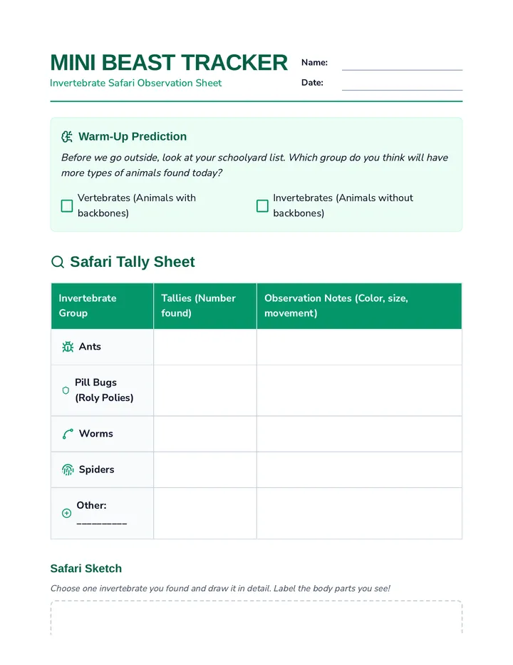 Mini Beast Tracker Worksheet