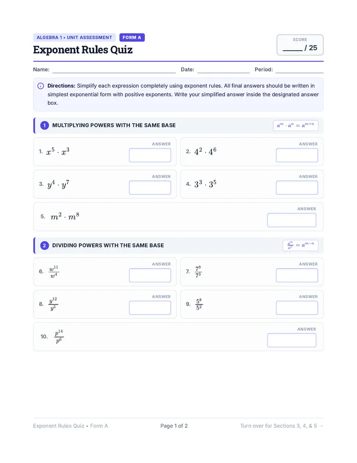 Exponent Rules Quiz Form A