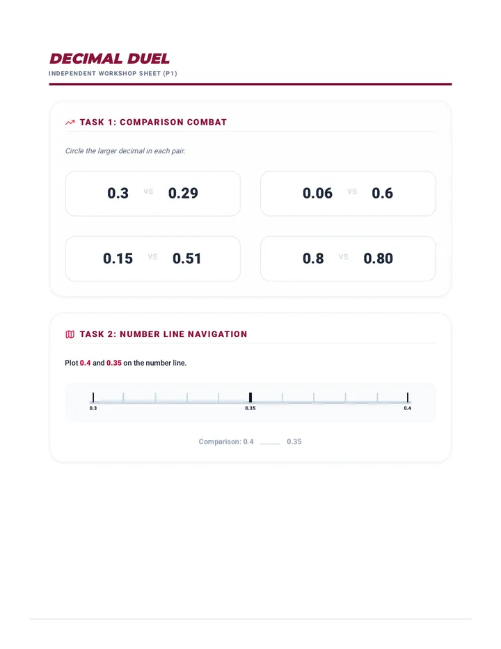 Decimal Duel Worksheet