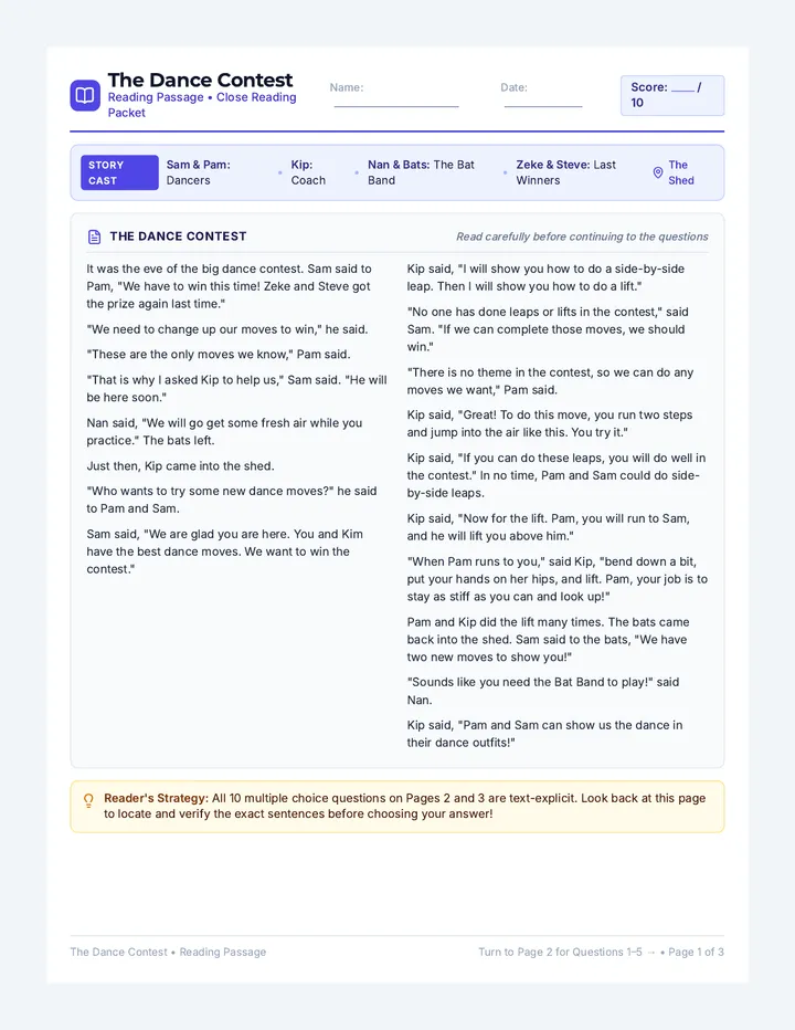 Dance Contest Comprehension Worksheet