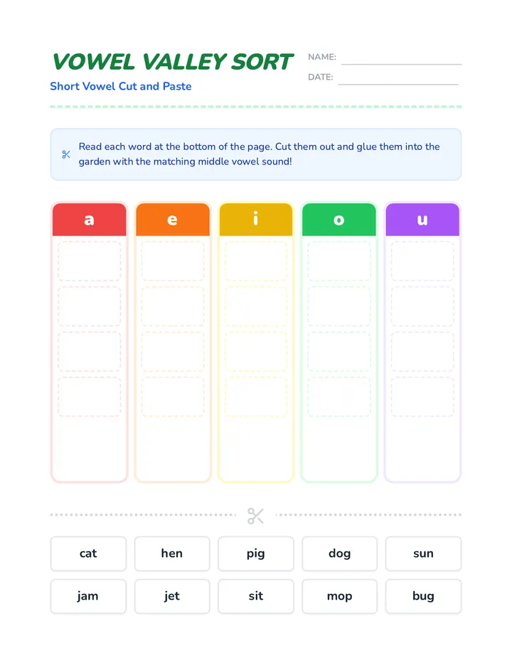 Vowel Valley Sort Worksheet