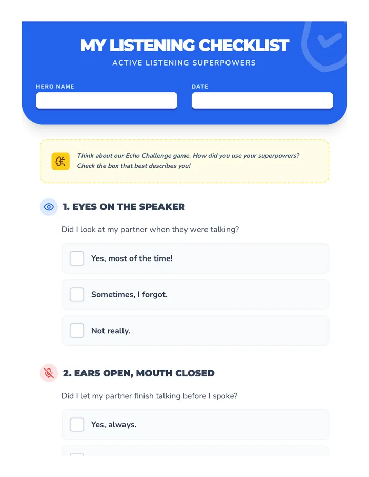 Super Listener Powers Checklist Worksheet