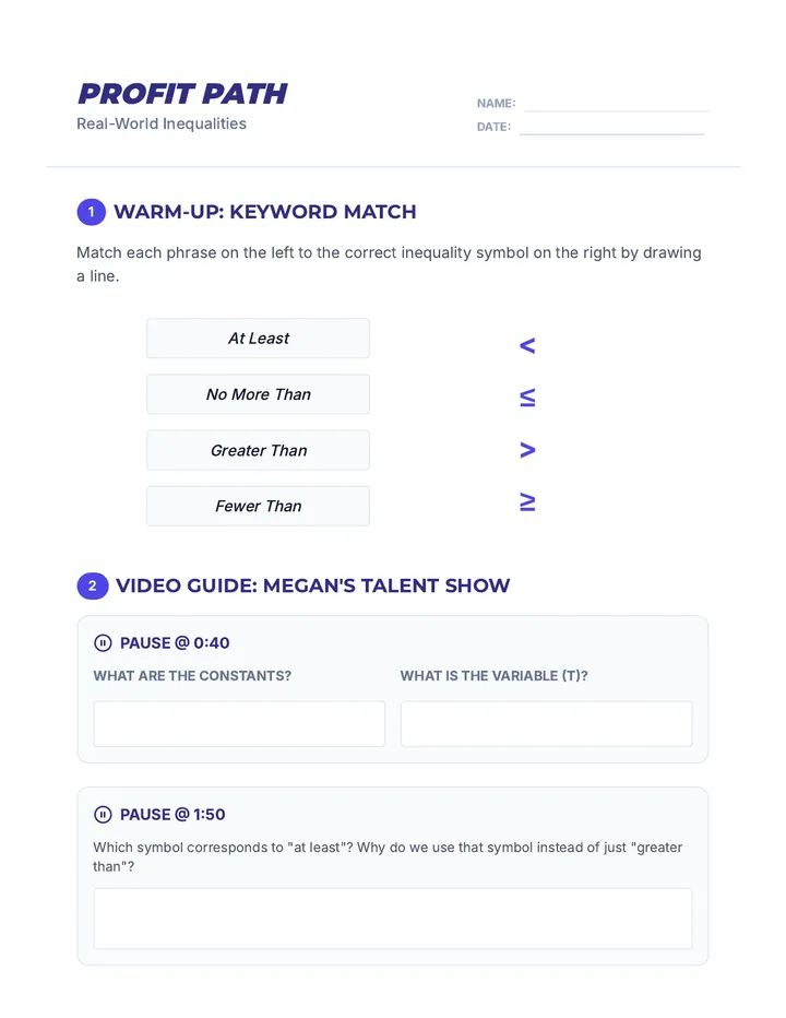 Profit Path Worksheet