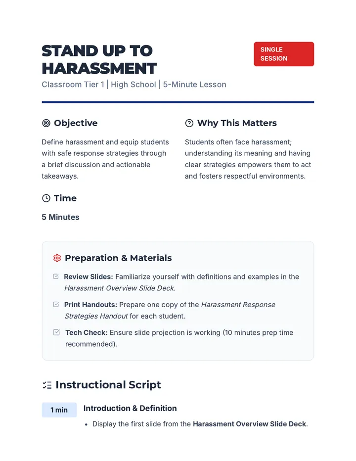 Harassment Lesson Plan Teacher Guide