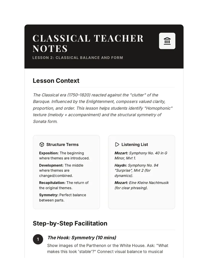 Classical Teacher Notes Guide