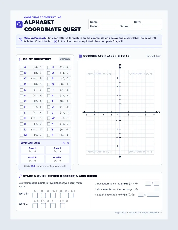 Alphabet Coordinate Quest Worksheet