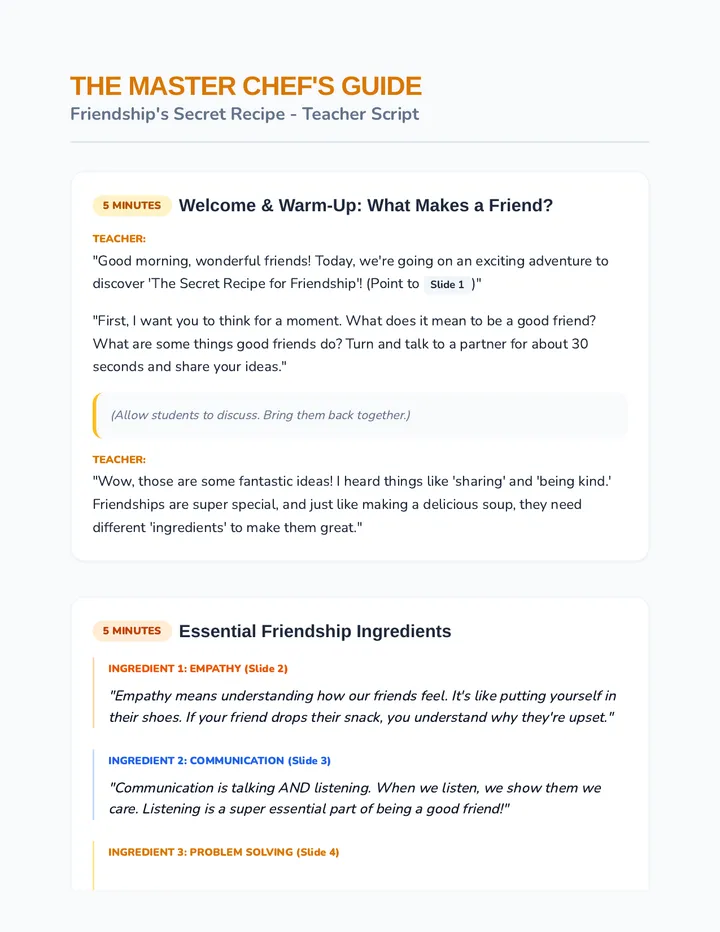 Friendship Recipe Teacher Script