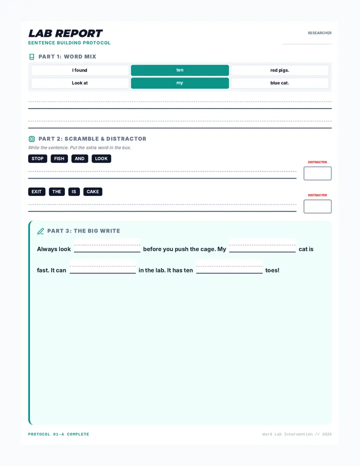 Word Lab Sentence Builder Worksheet