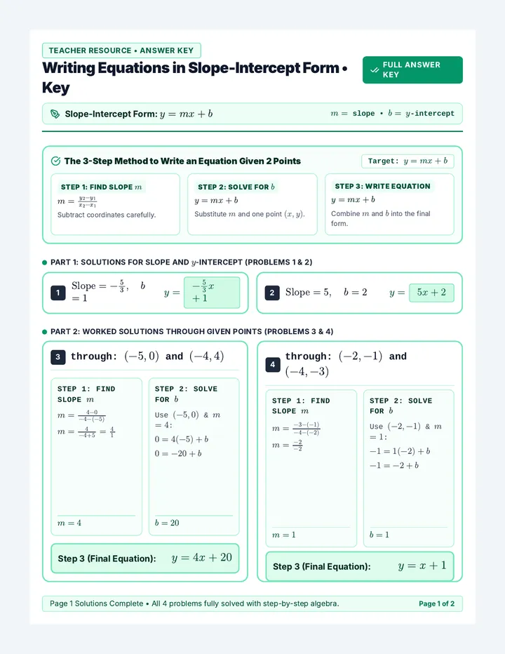 Writing Equations Answer Key