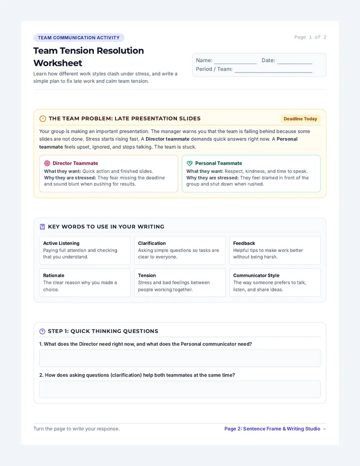 Team Tension Resolution Worksheet