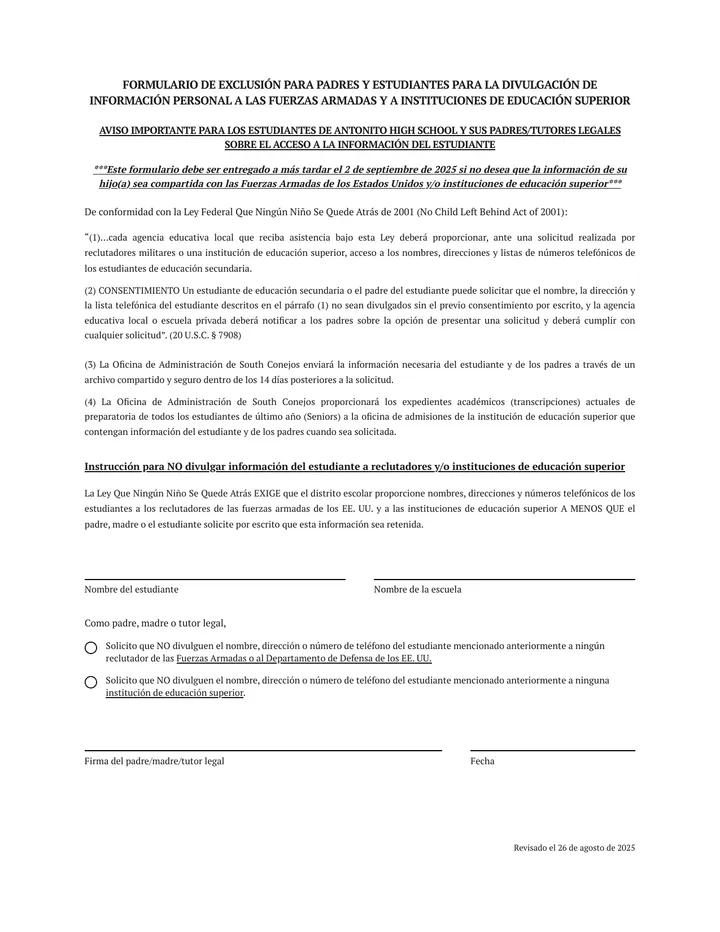 Student Privacy Opt Out Form