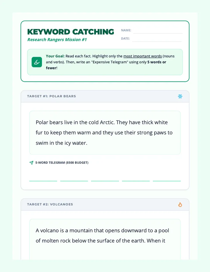 Keyword Catching Worksheet