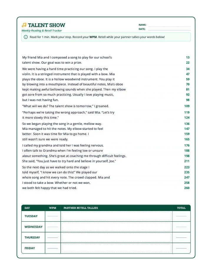 Talent Show Fluency Worksheet