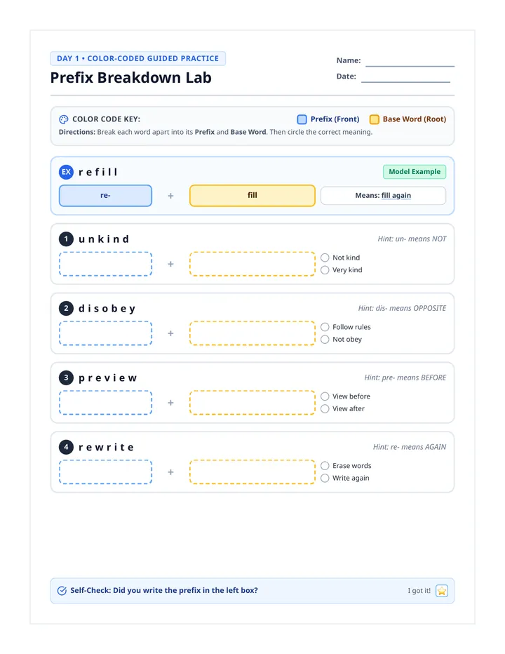 Prefix Color Breakdown Worksheet