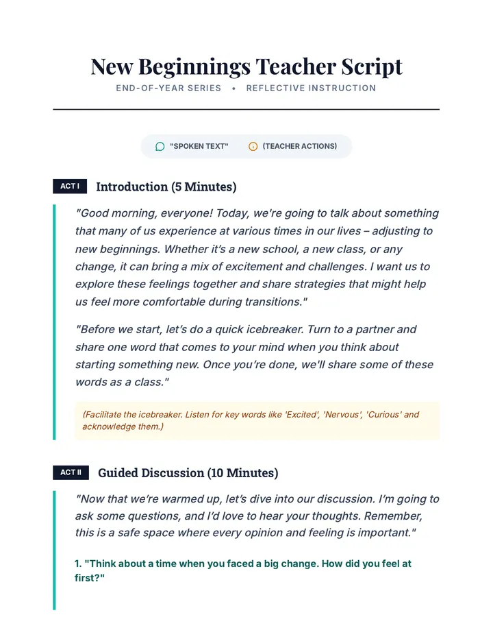 New Beginnings Teacher Script
