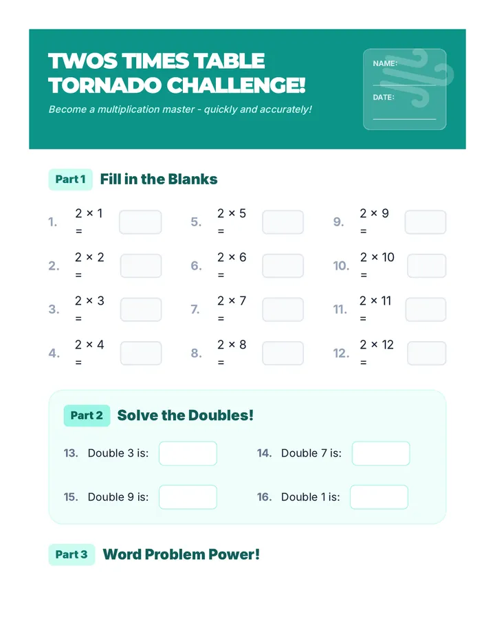 Twos Times Table Worksheet