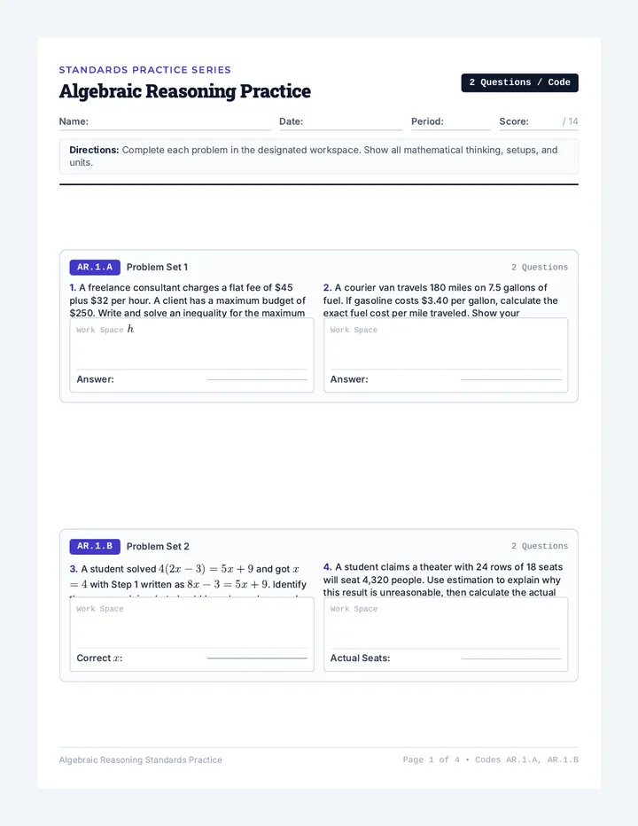 Algebraic Reasoning Practice Worksheet