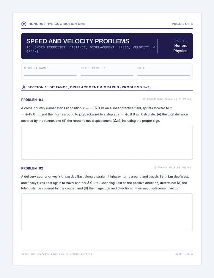 Speed and Velocity Problems Worksheet