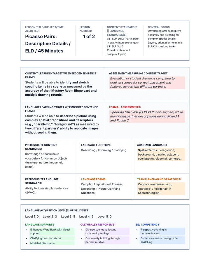 Picasso Pairs Lesson Plan