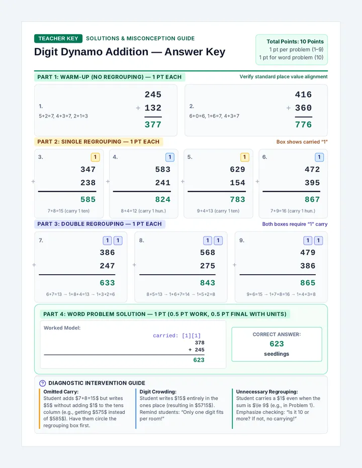 Triple Digit Addition Answer Key