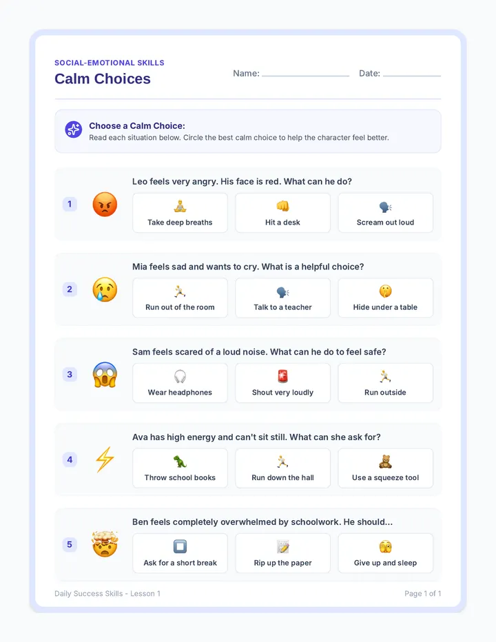 Calm Choices Worksheet