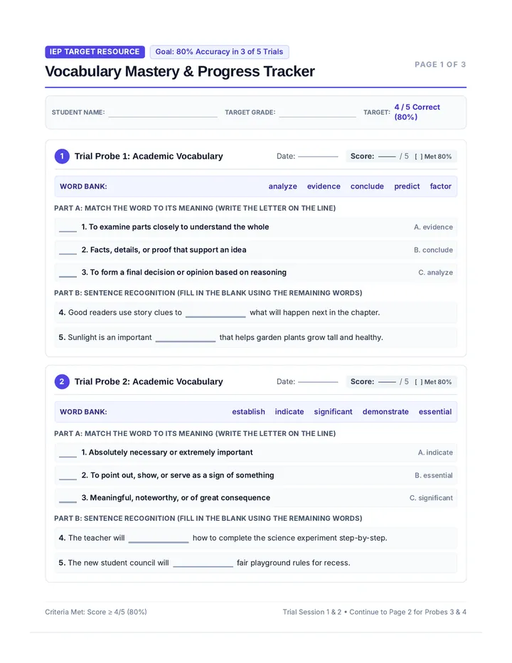 Vocab Mastery Tracker Worksheet