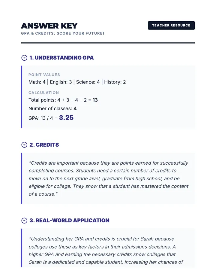 GPA & Credits Answer Key