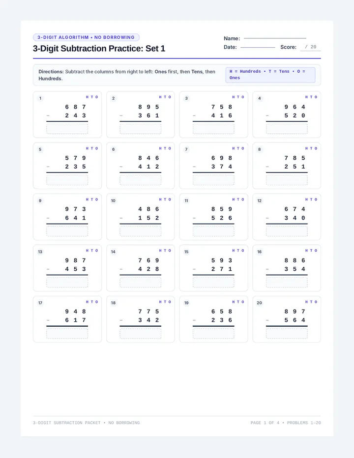 Three Digit Subtraction Packet
