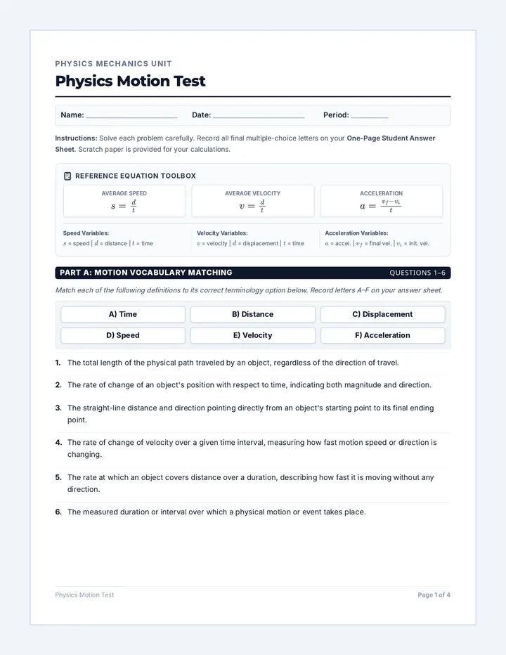 Physics Motion Test Booklet